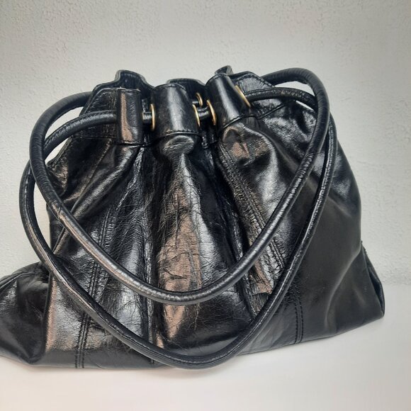 Sigrid Olsen Black Leather Shoulder Bag Magnetic Drawstring Purse Distressed EUC - Picture 1 of 9